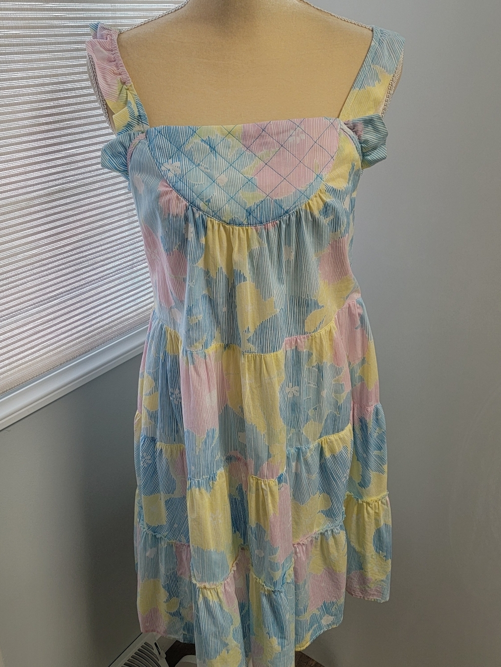 Vintage 80s 90s LUX Pastel  Colorblock Sleeveless Tiered Dress Sundress Girly